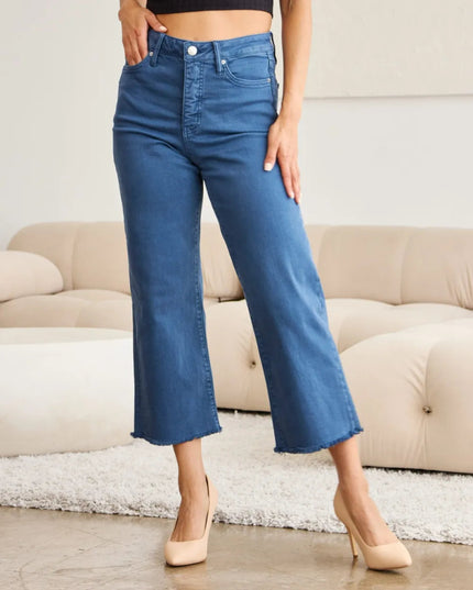 RFM Crop Chloe Full Size Tummy Control High Waist Raw Hem Jeans - THE AMERICAN BLUE