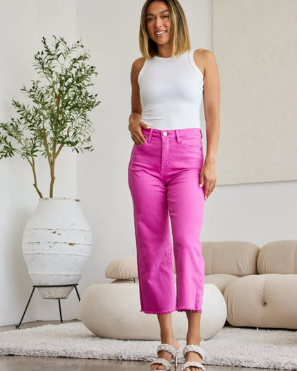 RFM Crop Chloe Full Size Tummy Control High Waist Raw Hem Jeans - THE AMERICAN BLUE