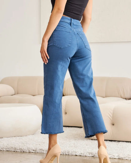 RFM Crop Chloe Full Size Tummy Control High Waist Raw Hem Jeans - THE AMERICAN BLUE