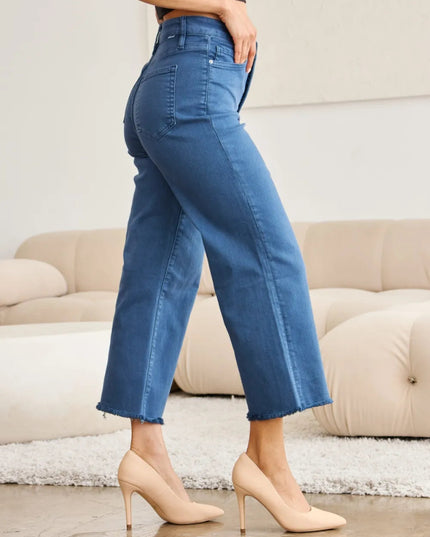 RFM Crop Chloe Full Size Tummy Control High Waist Raw Hem Jeans - THE AMERICAN BLUE