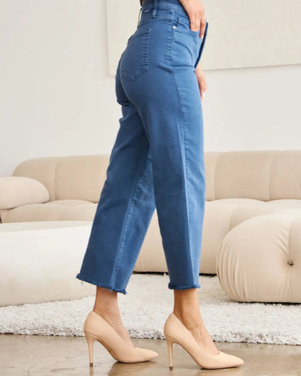 RFM Crop Chloe Full Size Tummy Control High Waist Raw Hem Jeans - THE AMERICAN BLUE