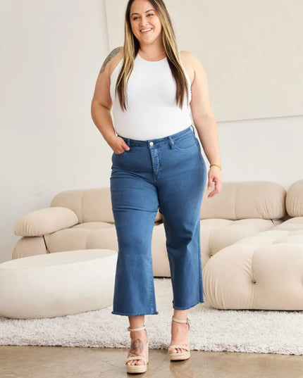 RFM Crop Chloe Full Size Tummy Control High Waist Raw Hem Jeans - THE AMERICAN BLUE