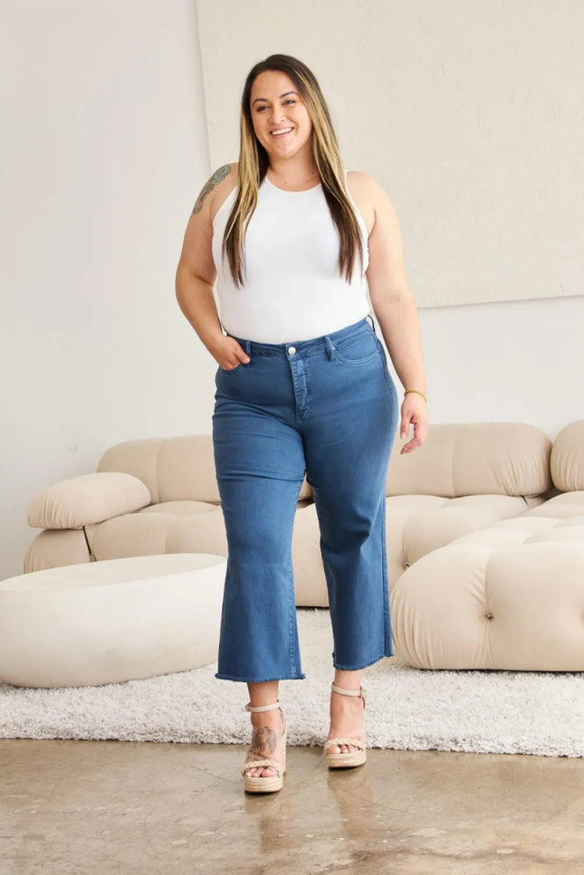 RFM Crop Chloe Full Size Tummy Control High Waist Raw Hem Jeans - THE AMERICAN BLUE