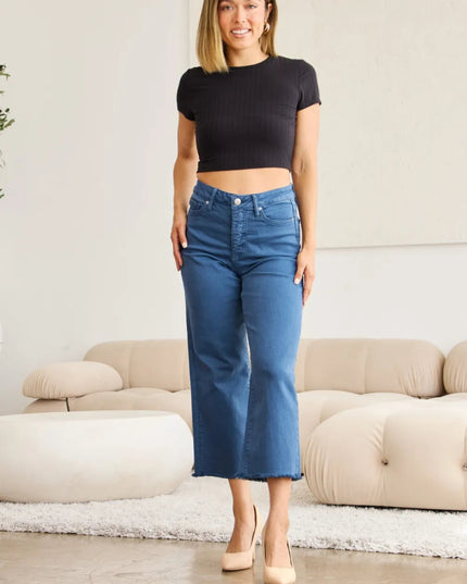 RFM Crop Chloe Full Size Tummy Control High Waist Raw Hem Jeans - THE AMERICAN BLUE