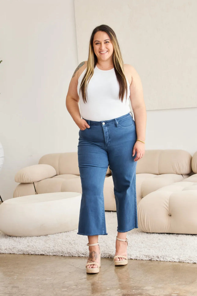 RFM Crop Chloe Full Size Tummy Control High Waist Raw Hem Jeans - THE AMERICAN BLUE