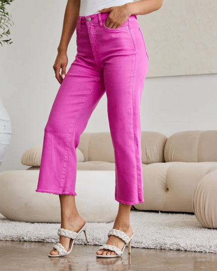 RFM Crop Chloe Full Size Tummy Control High Waist Raw Hem Jeans - THE AMERICAN BLUE