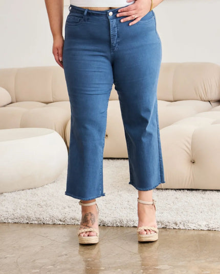 RFM Crop Chloe Full Size Tummy Control High Waist Raw Hem Jeans - THE AMERICAN BLUE