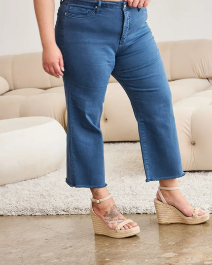RFM Crop Chloe Full Size Tummy Control High Waist Raw Hem Jeans - THE AMERICAN BLUE