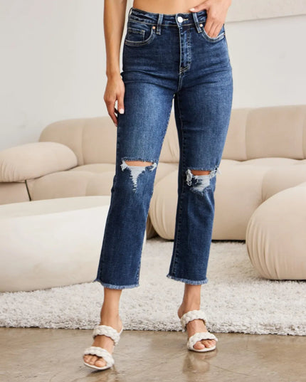 RFM Crop Dylan Full Size Tummy Control Distressed High Waist Raw Hem Jeans - THE AMERICAN BLUE