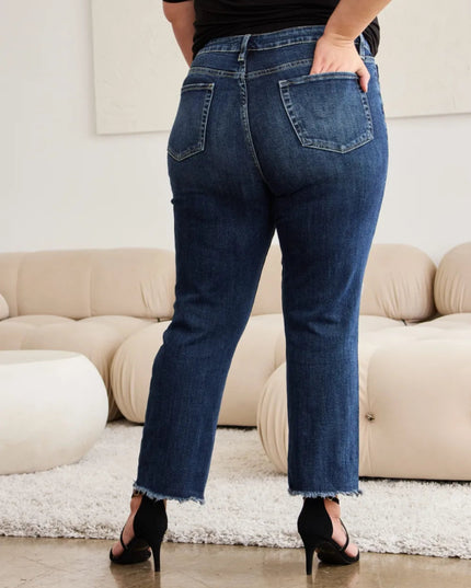 RFM Crop Dylan Full Size Tummy Control Distressed High Waist Raw Hem Jeans - THE AMERICAN BLUE