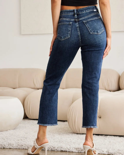RFM Crop Dylan Full Size Tummy Control Distressed High Waist Raw Hem Jeans - THE AMERICAN BLUE