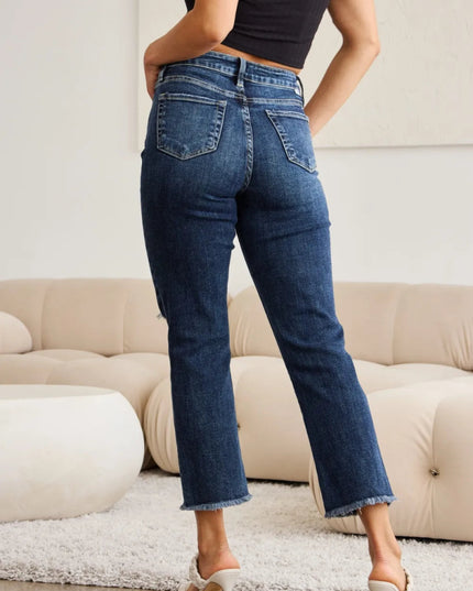 RFM Crop Dylan Full Size Tummy Control Distressed High Waist Raw Hem Jeans - THE AMERICAN BLUE