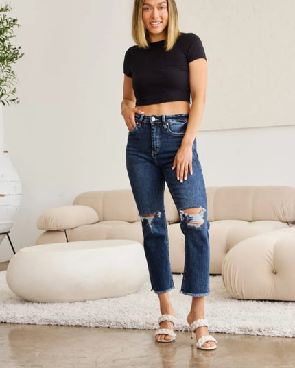 RFM Crop Dylan Full Size Tummy Control Distressed High Waist Raw Hem Jeans - THE AMERICAN BLUE