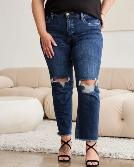 RFM Crop Dylan Full Size Tummy Control Distressed High Waist Raw Hem Jeans - THE AMERICAN BLUE