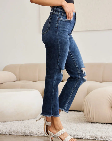 RFM Crop Dylan Full Size Tummy Control Distressed High Waist Raw Hem Jeans - THE AMERICAN BLUE