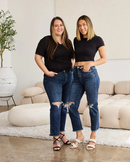 RFM Crop Dylan Full Size Tummy Control Distressed High Waist Raw Hem Jeans - THE AMERICAN BLUE