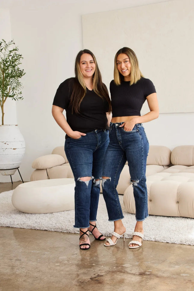 RFM Crop Dylan Full Size Tummy Control Distressed High Waist Raw Hem Jeans - THE AMERICAN BLUE