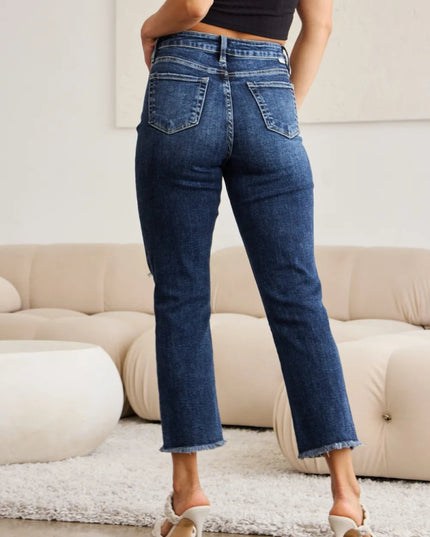 RFM Crop Dylan Full Size Tummy Control Distressed High Waist Raw Hem Jeans - THE AMERICAN BLUE