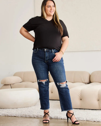 RFM Crop Dylan Full Size Tummy Control Distressed High Waist Raw Hem Jeans - THE AMERICAN BLUE