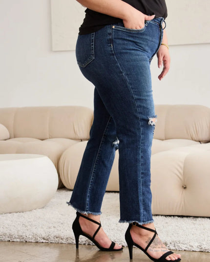 RFM Crop Dylan Full Size Tummy Control Distressed High Waist Raw Hem Jeans - THE AMERICAN BLUE