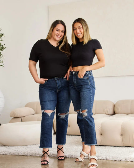 RFM Crop Dylan Full Size Tummy Control Distressed High Waist Raw Hem Jeans - THE AMERICAN BLUE