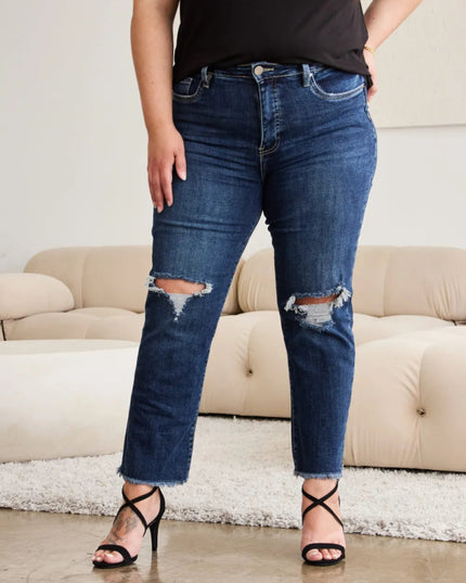 RFM Crop Dylan Full Size Tummy Control Distressed High Waist Raw Hem Jeans - THE AMERICAN BLUE