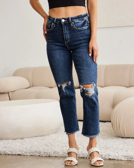 RFM Crop Dylan Full Size Tummy Control Distressed High Waist Raw Hem Jeans - THE AMERICAN BLUE