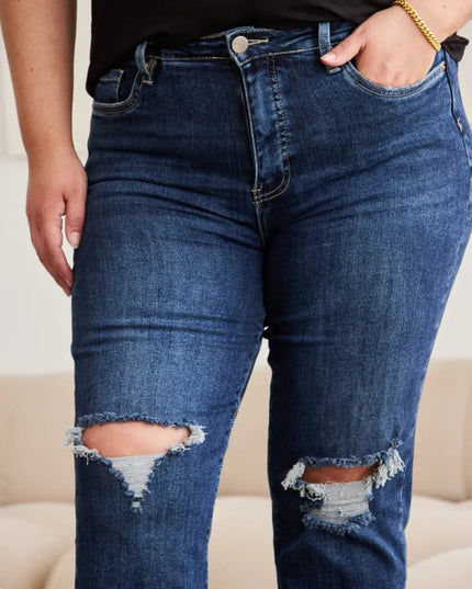 RFM Crop Dylan Full Size Tummy Control Distressed High Waist Raw Hem Jeans - THE AMERICAN BLUE