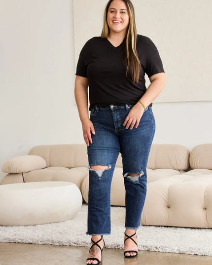 RFM Crop Dylan Full Size Tummy Control Distressed High Waist Raw Hem Jeans - THE AMERICAN BLUE
