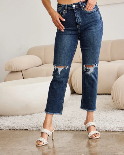 RFM Crop Dylan Full Size Tummy Control Distressed High Waist Raw Hem Jeans - THE AMERICAN BLUE