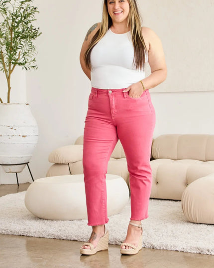 RFM Crop Dylan Full Size Tummy Control High Waist Raw Hem Jeans - THE AMERICAN BLUE