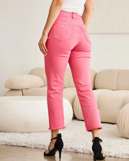 RFM Crop Dylan Full Size Tummy Control High Waist Raw Hem Jeans - THE AMERICAN BLUE