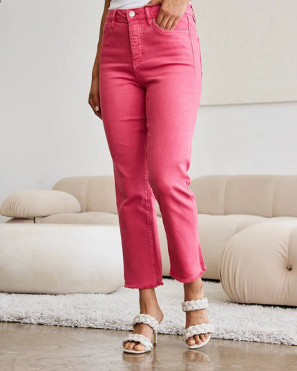 RFM Crop Dylan Full Size Tummy Control High Waist Raw Hem Jeans - THE AMERICAN BLUE