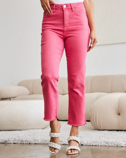 RFM Crop Dylan Full Size Tummy Control High Waist Raw Hem Jeans - THE AMERICAN BLUE