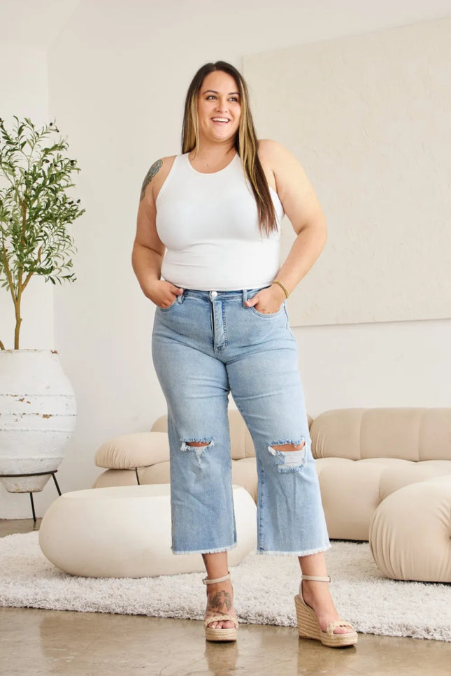 RFM Full Size Tummy Control High Waist Raw Hem Distressed Jeans - THE AMERICAN BLUE