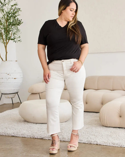 RFM Mini Mia Full Size Tummy Control High Waist Raw Hem Jeans - THE AMERICAN BLUE