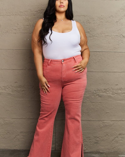 RISEN Bailey Full Size High Waist Side Slit Flare Jeans - THE AMERICAN BLUE