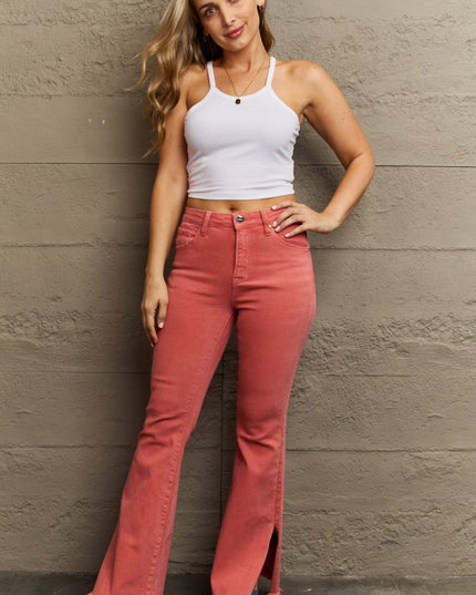 RISEN Bailey Full Size High Waist Side Slit Flare Jeans - THE AMERICAN BLUE