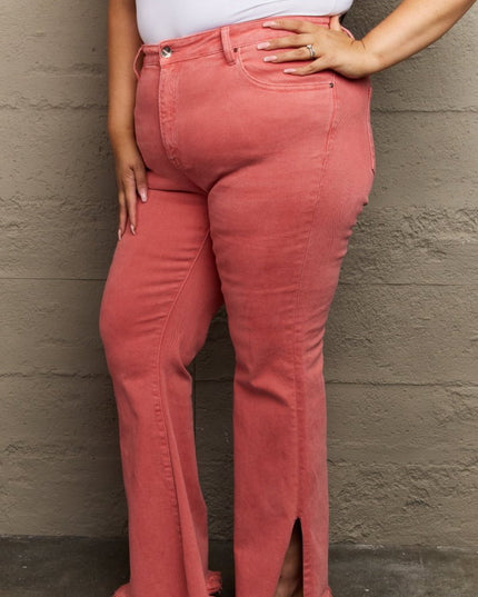 RISEN Bailey Full Size High Waist Side Slit Flare Jeans - THE AMERICAN BLUE