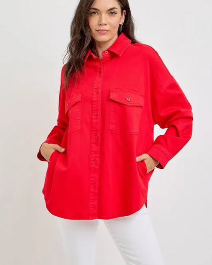 RISEN Button Down Long Sleeve Denim Shacket with Chest Pockets - THE AMERICAN BLUE