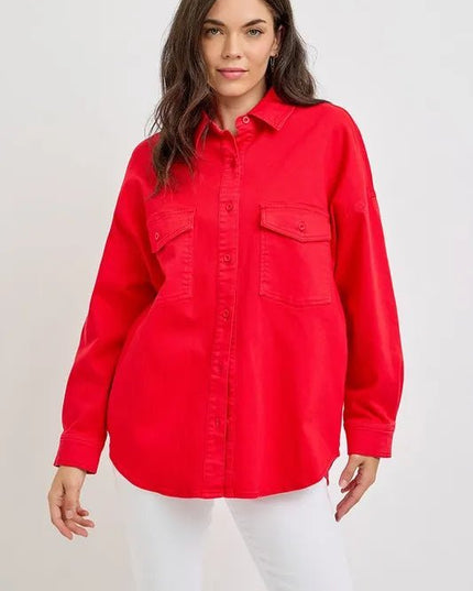 RISEN Button Down Long Sleeve Denim Shacket with Chest Pockets - THE AMERICAN BLUE