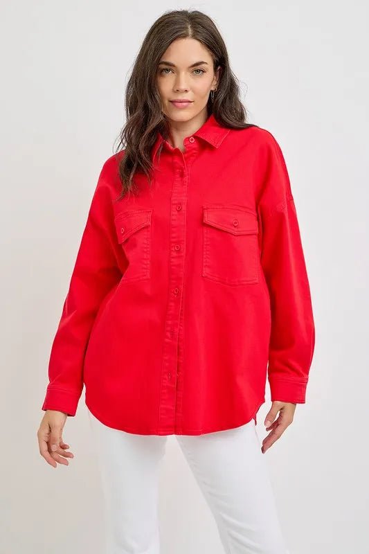 RISEN Button Down Long Sleeve Denim Shacket with Chest Pockets - THE AMERICAN BLUE