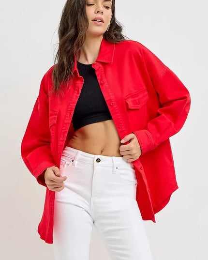RISEN Button Down Long Sleeve Denim Shacket with Chest Pockets - THE AMERICAN BLUE