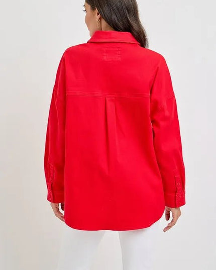 RISEN Button Down Long Sleeve Denim Shacket with Chest Pockets - THE AMERICAN BLUE