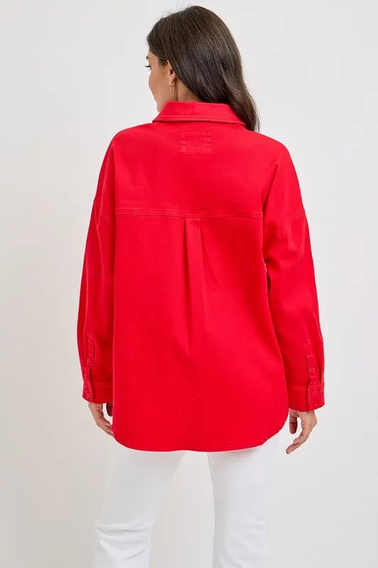 RISEN Button Down Long Sleeve Denim Shacket with Chest Pockets - THE AMERICAN BLUE