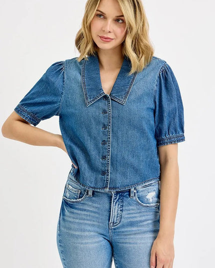 RISEN Button Down Puff Sleeve Crop Denim Shirt - THE AMERICAN BLUE