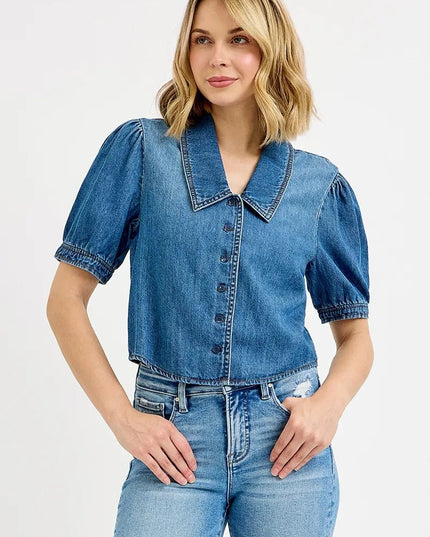 RISEN Button Down Puff Sleeve Crop Denim Shirt - THE AMERICAN BLUE
