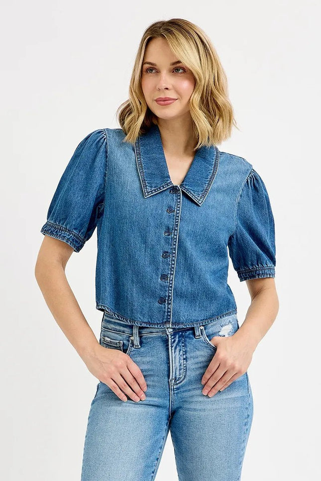 RISEN Button Down Puff Sleeve Crop Denim Shirt - THE AMERICAN BLUE
