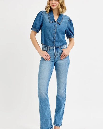 RISEN Button Down Puff Sleeve Crop Denim Shirt - THE AMERICAN BLUE
