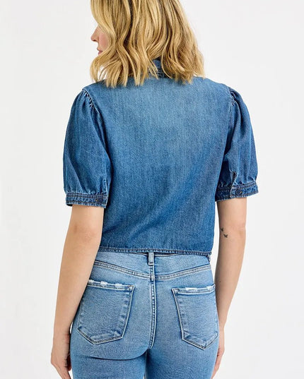 RISEN Button Down Puff Sleeve Crop Denim Shirt - THE AMERICAN BLUE